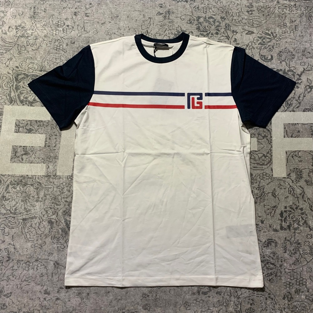 Balmain T-Shirt Mens XXL White Colorblock Stripe Logo Tee BH1EG000GD04